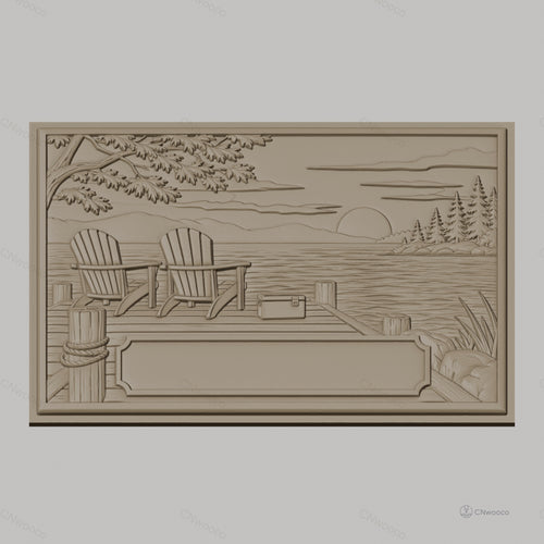 Fichier CNC & impression 3D bord de lac, chaises Adirondack sur quai avec coucher de soleil, haute qualité relief STL