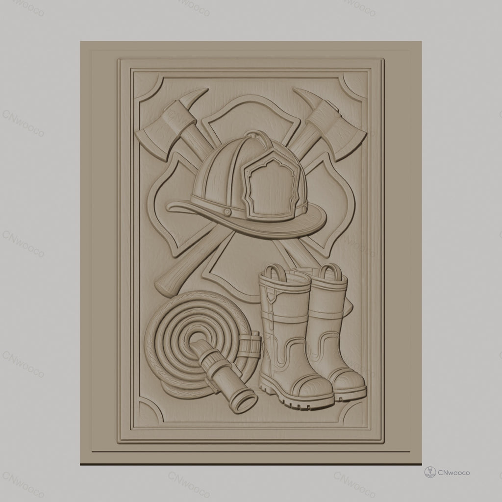 Fichier CNC & impression 3D thème pompier, casque, bottes, hache, tuyau d'incendie, haute qualité relief STL