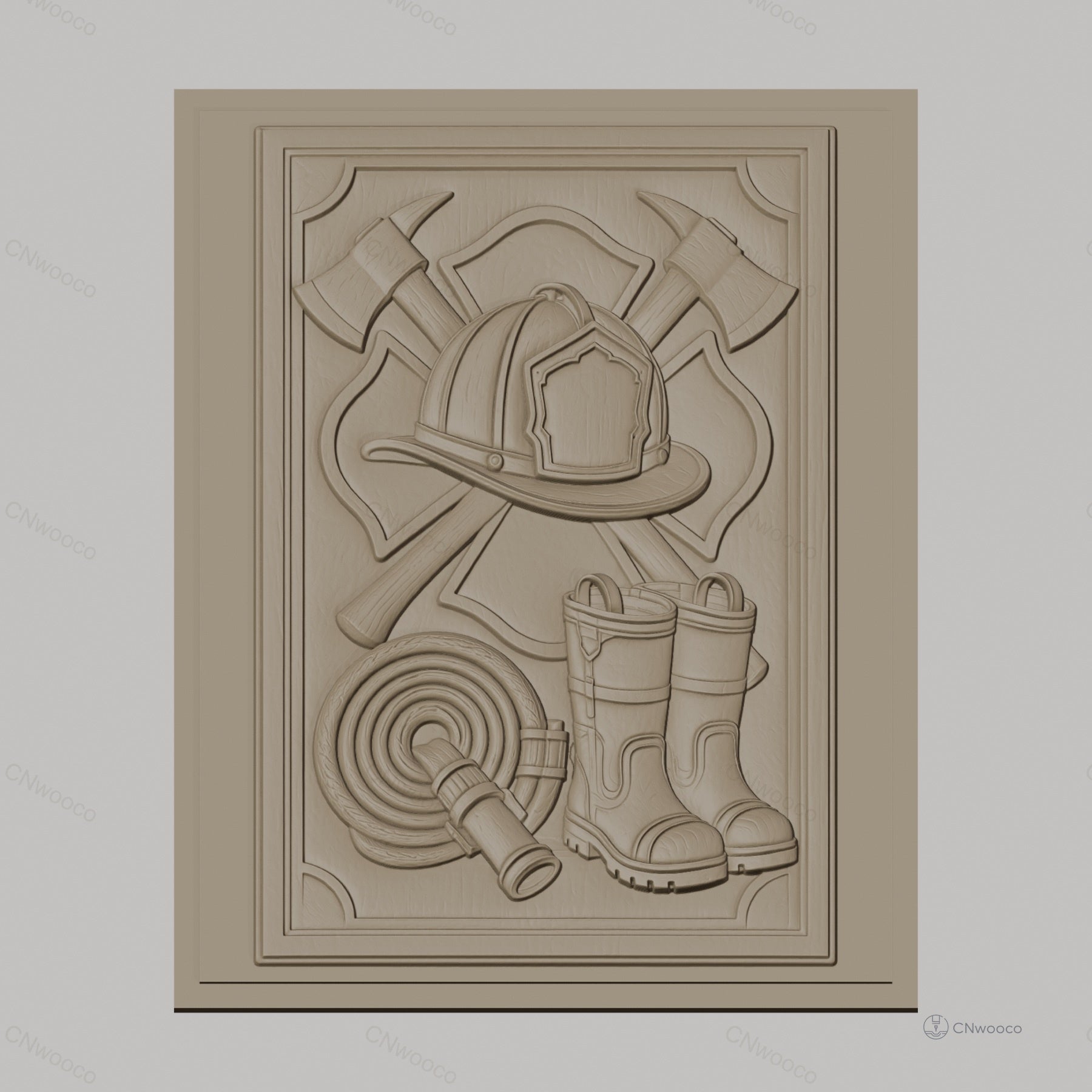 Fichier CNC & impression 3D thème pompier, casque, bottes, hache, tuyau d'incendie, haute qualité relief STL