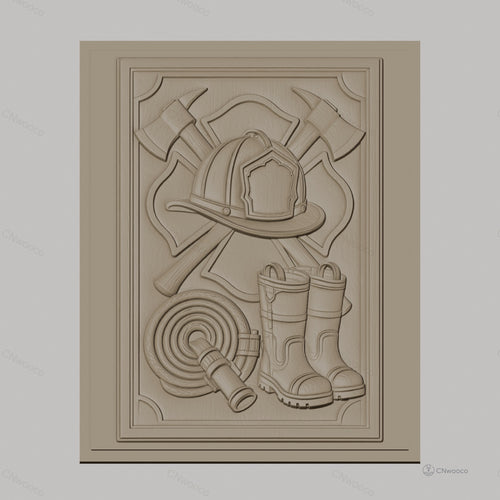 Fichier CNC & impression 3D thème pompier, casque, bottes, hache, tuyau d'incendie, haute qualité relief STL