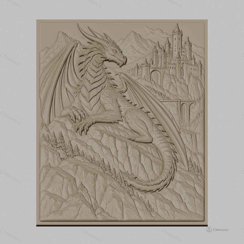 Fichier CNC & impression 3D dragon fantasy, château montagne relief, haute qualité relief STL