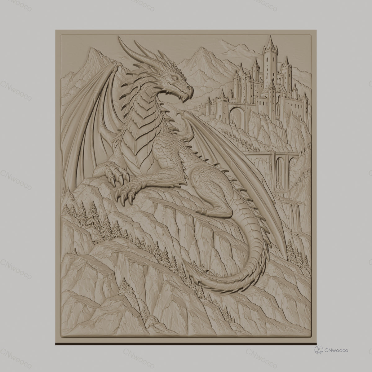 Fichier CNC & impression 3D dragon fantasy, château montagne relief, haute qualité relief STL
