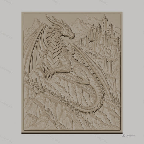 Fichier CNC & impression 3D dragon fantasy, château montagne relief, haute qualité relief STL