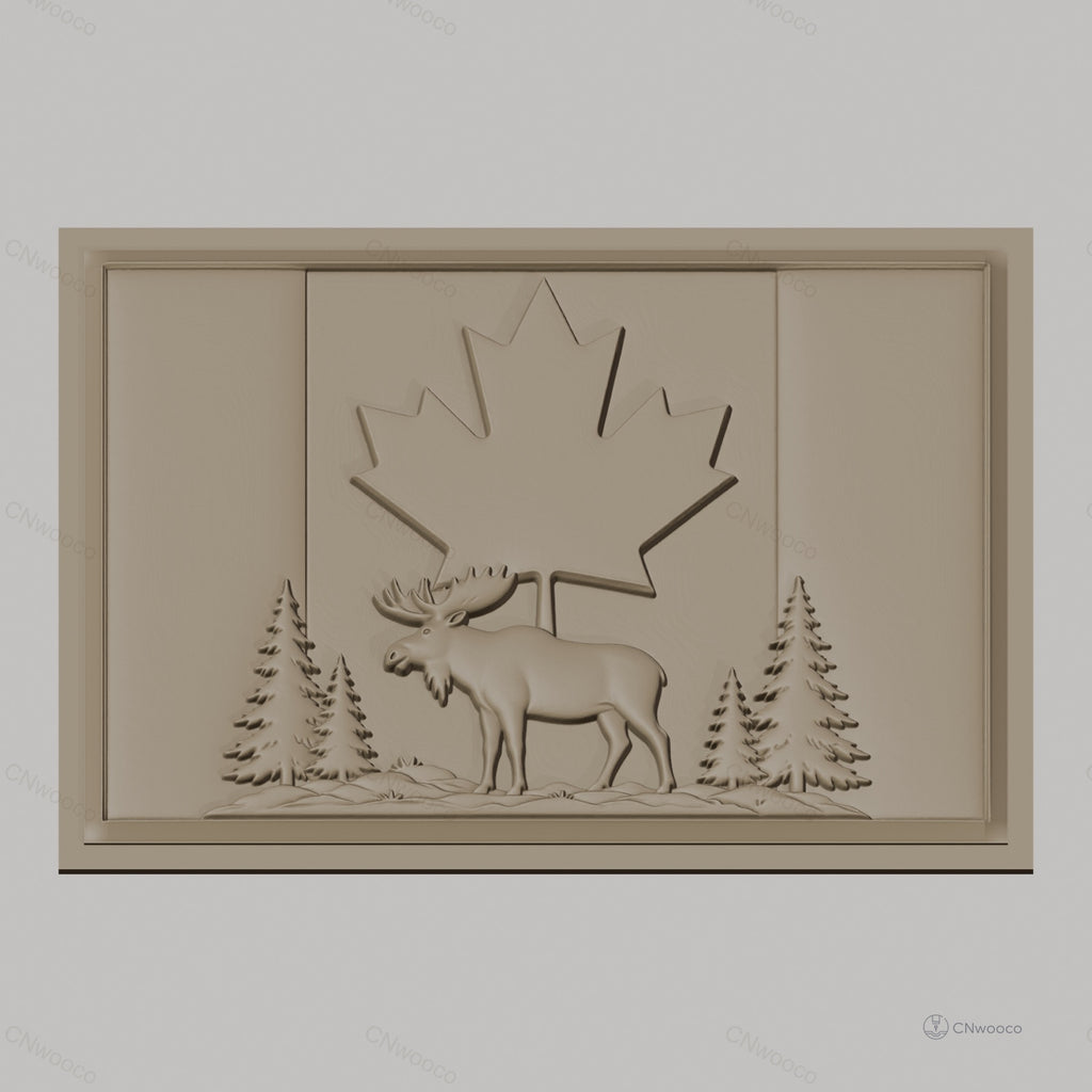 Fichier CNC & impression 3D drapeau canadien, élan et sapins en relief, haute qualité relief STL