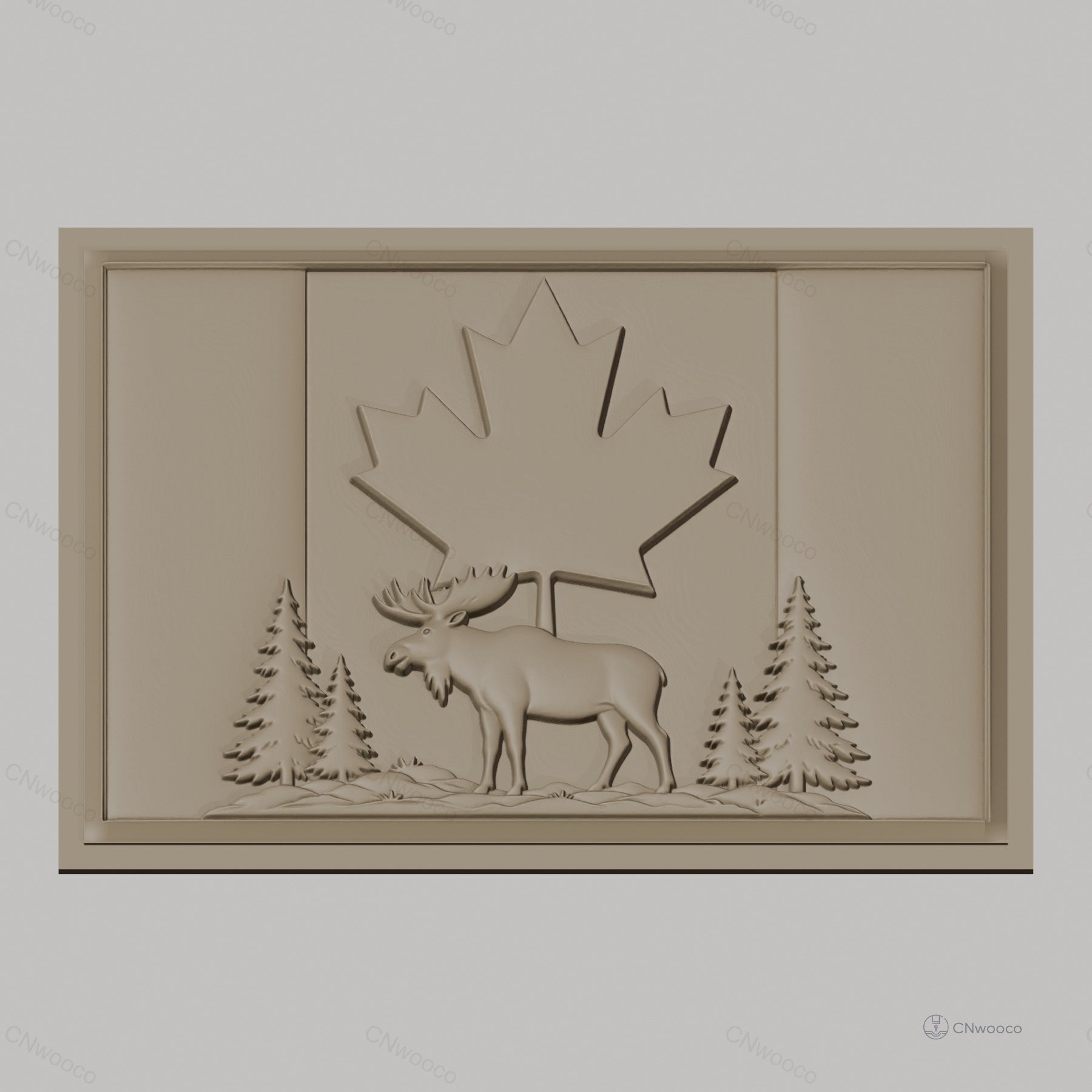 Fichier CNC & impression 3D drapeau canadien, élan et sapins en relief, haute qualité relief STL