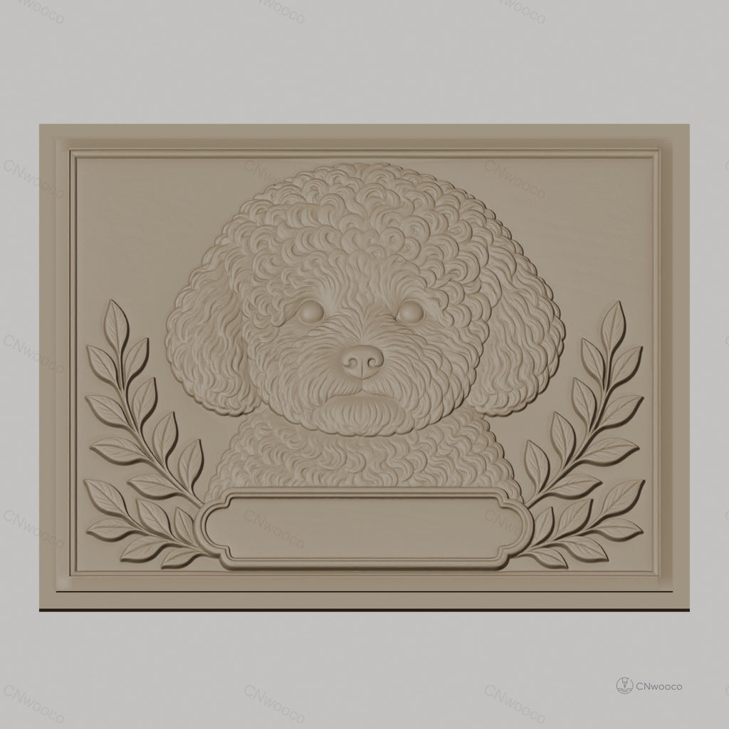 Fichier CNC & impression 3D chien caniche, relief avec feuilles décoratives, haute qualité relief STL