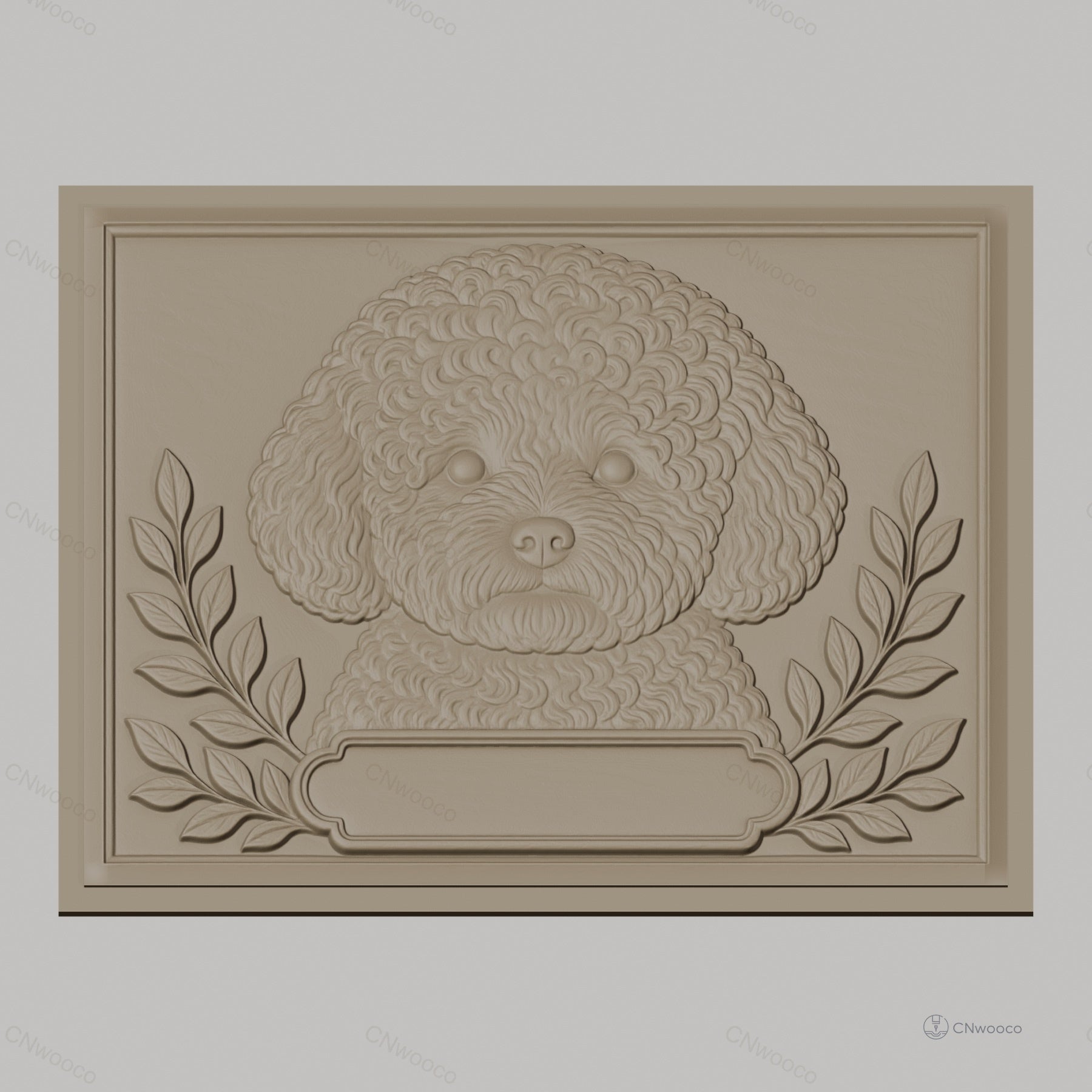 Fichier CNC & impression 3D chien caniche, relief avec feuilles décoratives, haute qualité relief STL