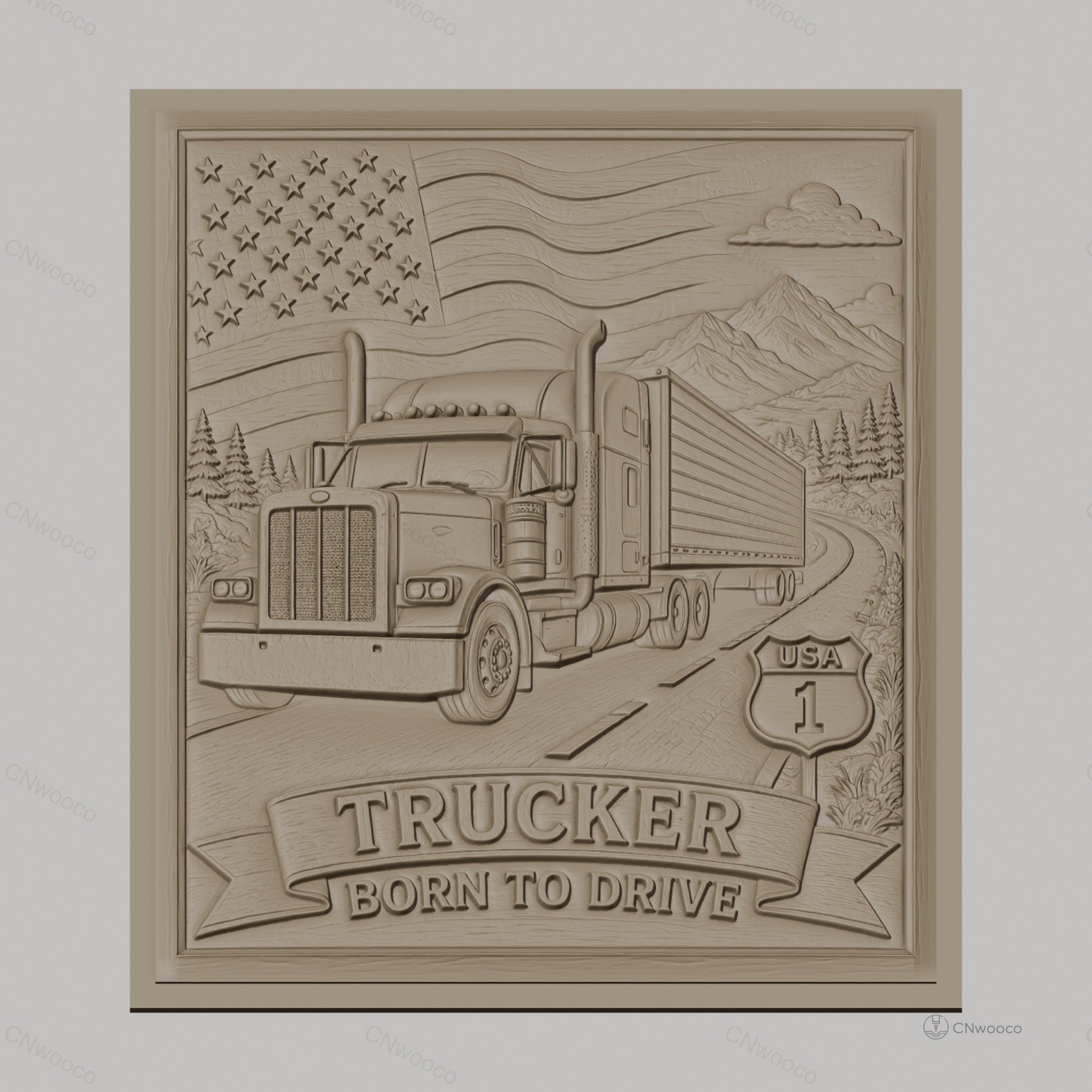 Fichier CNC & impression 3D camion routier, drapeau américain, montagne, route USA haute qualité relief STL