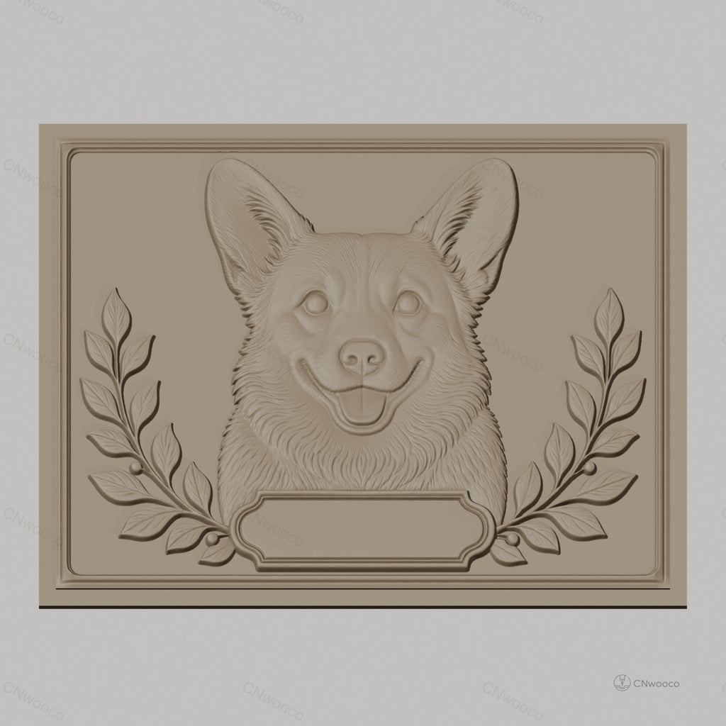Fichier CNC & impression 3D chien Corgi visage, feuilles décoratives, haute qualité relief STL