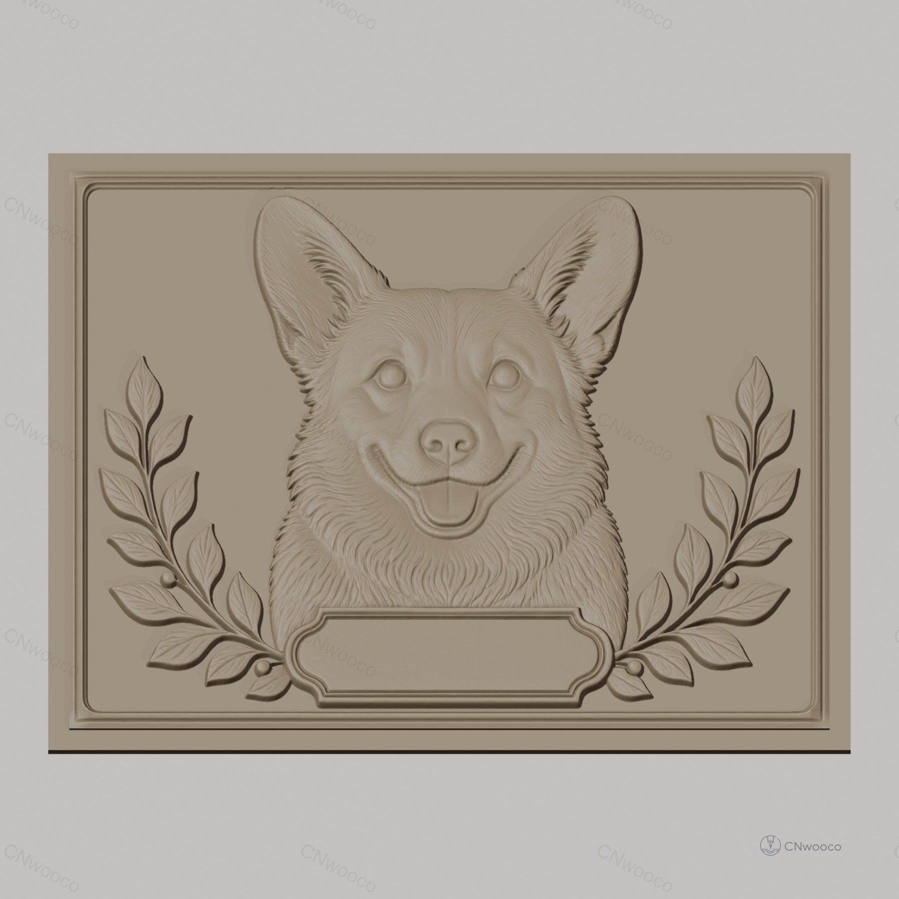 Fichier CNC & impression 3D chien Corgi visage, feuilles décoratives, haute qualité relief STL