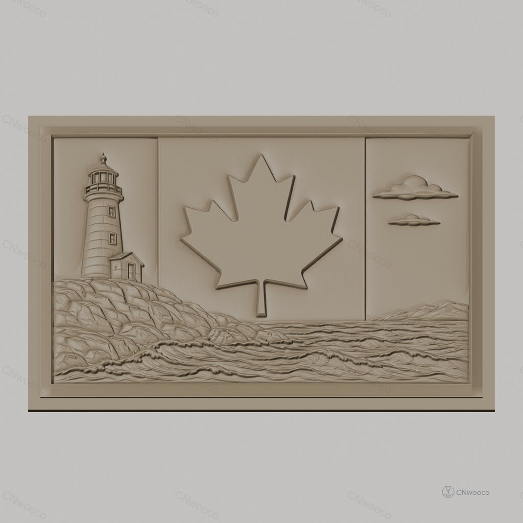 Fichier CNC & impression 3D drapeau Canada, phare, mer, feuilles d'érable, haute qualité relief STL
