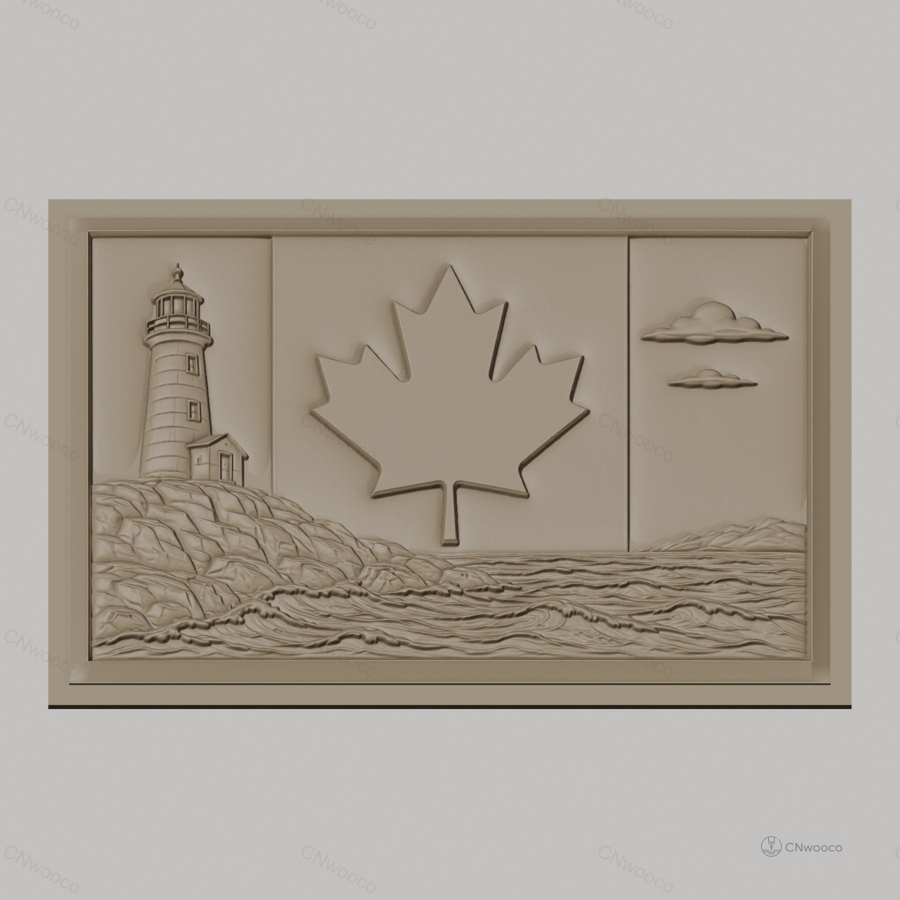 Fichier CNC & impression 3D drapeau Canada, phare, mer, feuilles d'érable, haute qualité relief STL