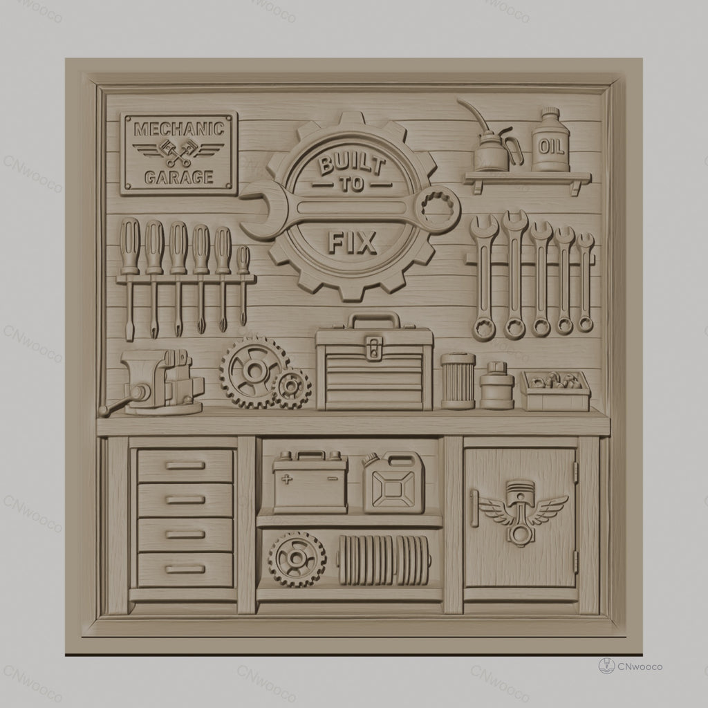 Fichier CNC & impression 3D garage de mécanicien, outils mécaniques, boîte à outils, clés, haute qualité relief STL