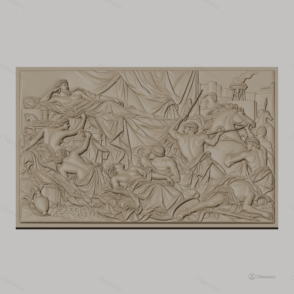 Fichier CNC & impression 3D scène antique avec guerriers, chevaux et roi drapé, haute qualité relief STL