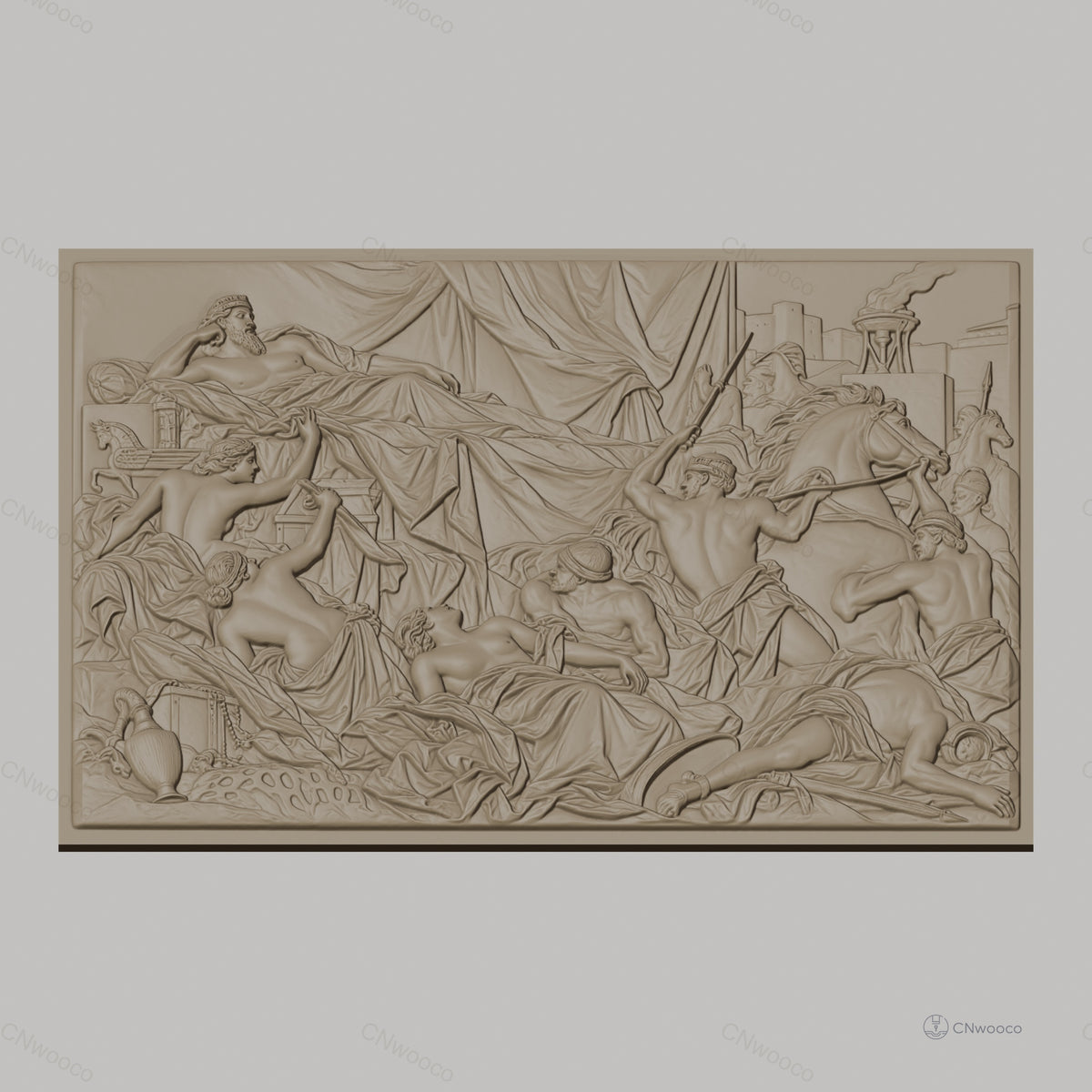 Fichier CNC & impression 3D scène antique avec guerriers, chevaux et roi drapé, haute qualité relief STL