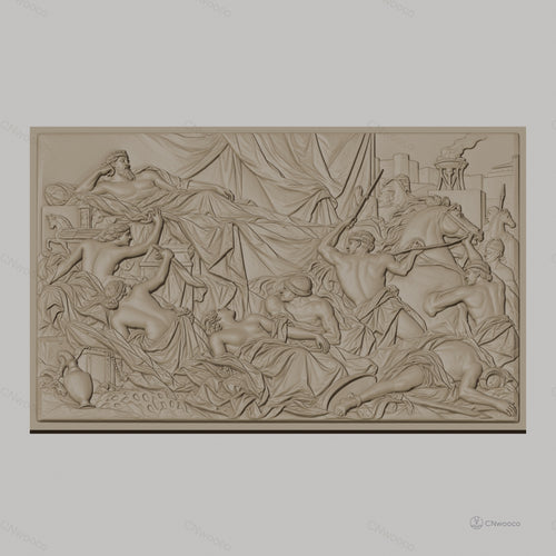 Fichier CNC & impression 3D scène antique avec guerriers, chevaux et roi drapé, haute qualité relief STL