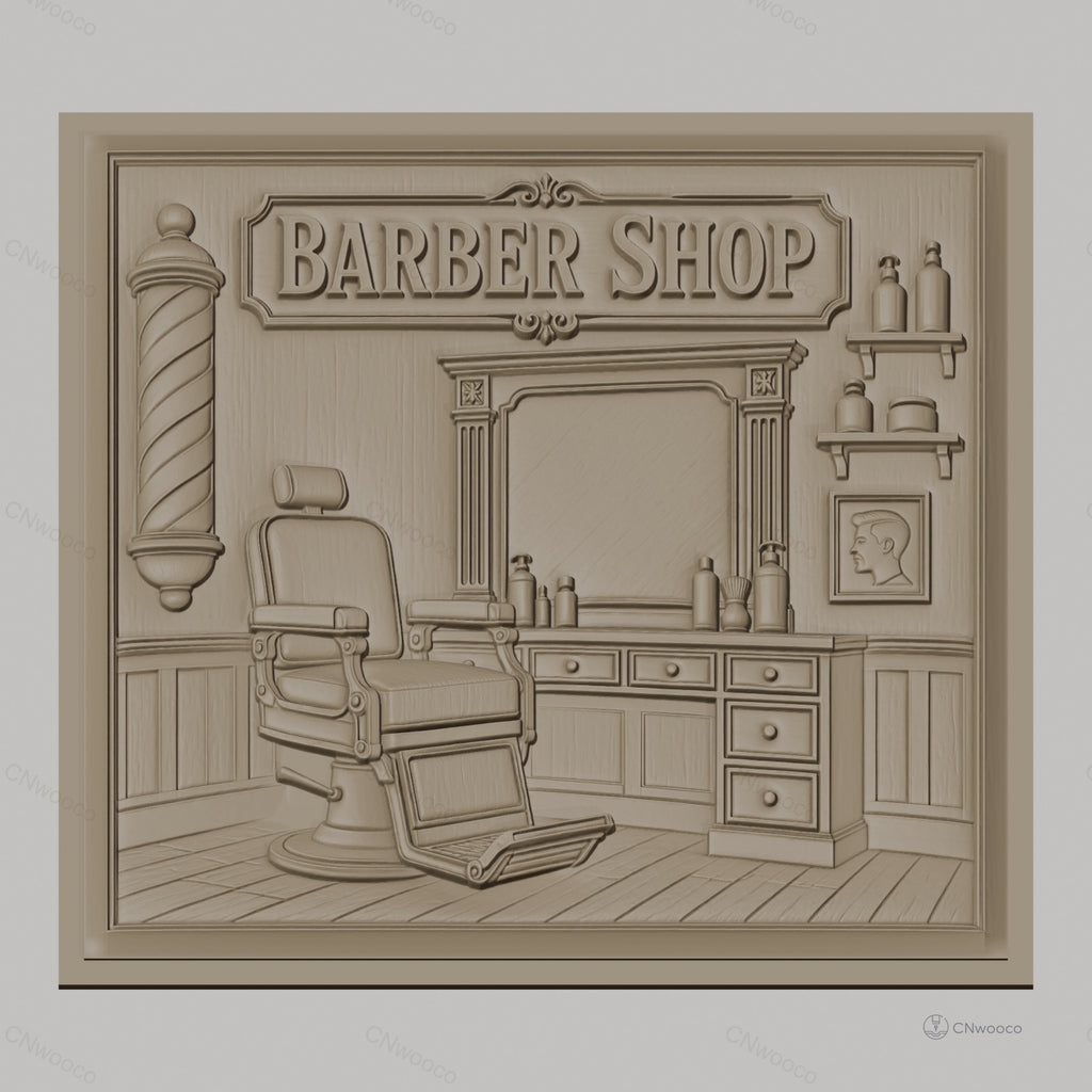 Fichier CNC & impression 3D salon de coiffure, fauteuil barbier, miroir, enseigne Barber Shop haute qualité relief STL