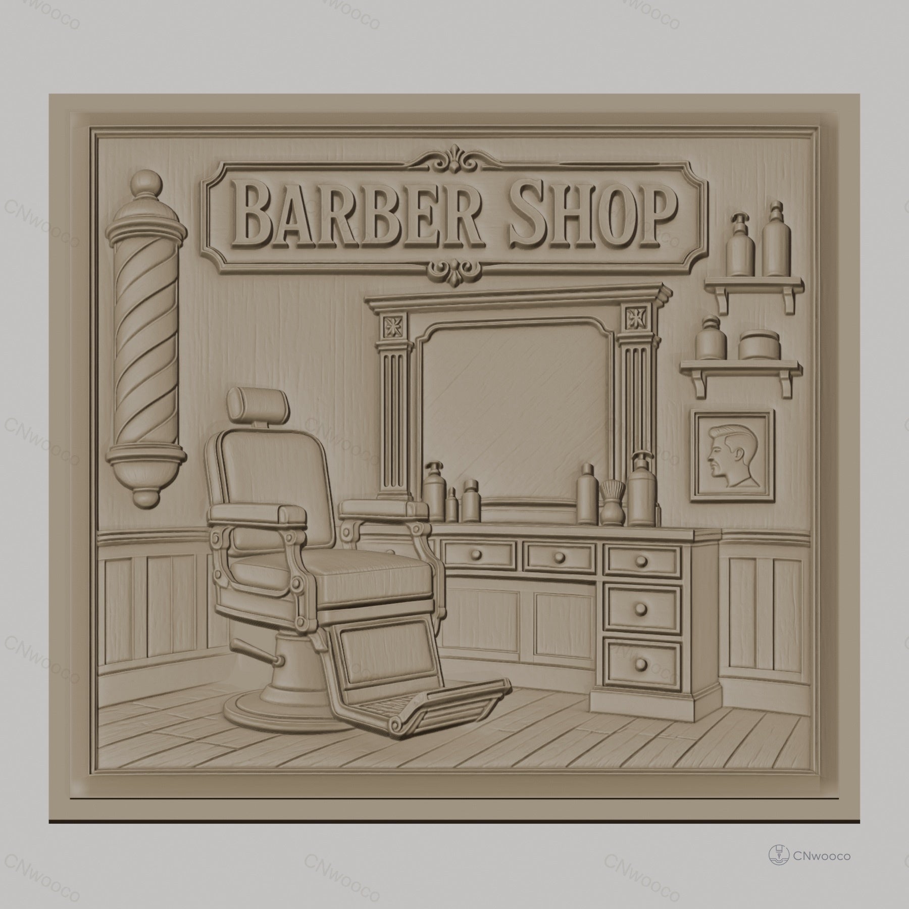 Fichier CNC & impression 3D salon de coiffure, fauteuil barbier, miroir, enseigne Barber Shop haute qualité relief STL