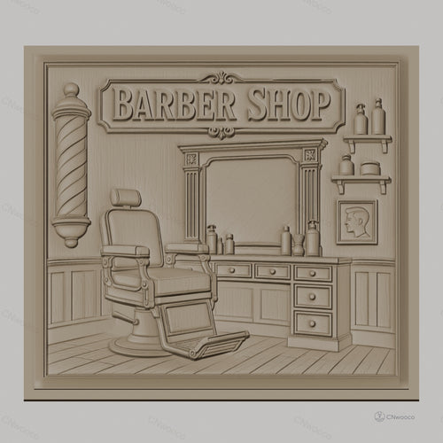 Fichier CNC & impression 3D salon de coiffure, fauteuil barbier, miroir, enseigne Barber Shop haute qualité relief STL