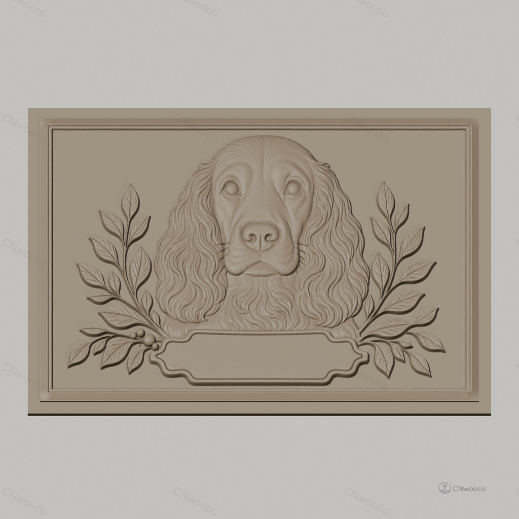 Fichier CNC & impression 3D chien cocker et feuilles décoratives, haute qualité relief STL