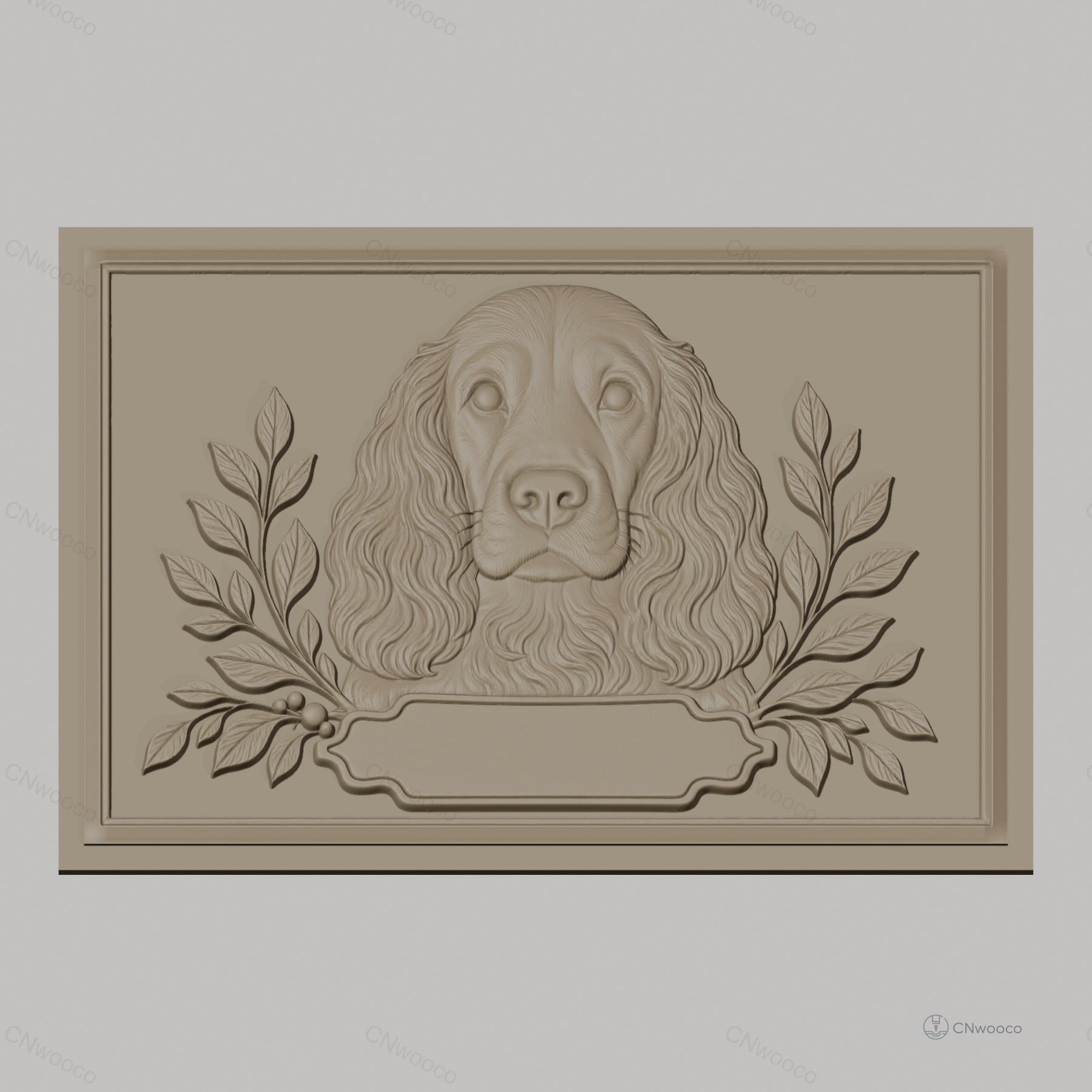 Fichier CNC & impression 3D chien cocker et feuilles décoratives, haute qualité relief STL
