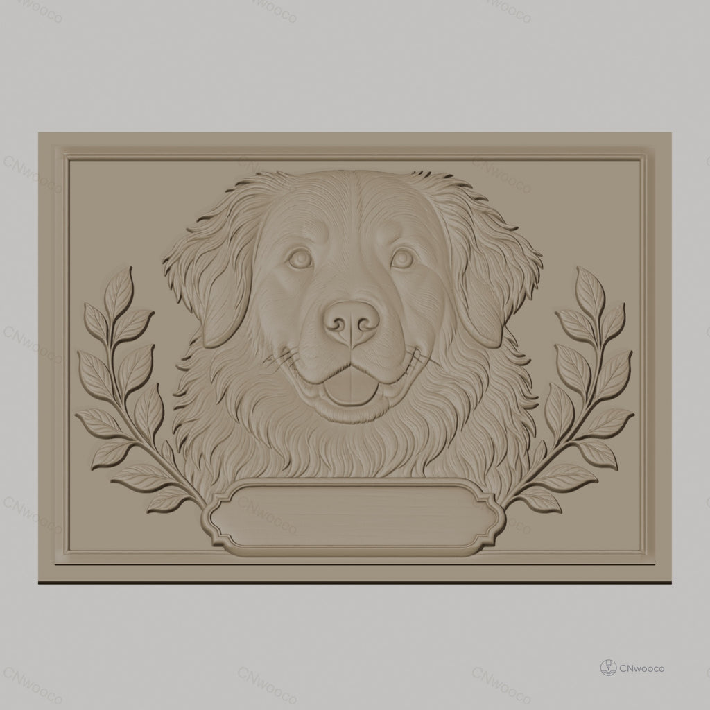 Fichier CNC & impression 3D chien Golden Retriever, visage détaillé avec feuillage, haute qualité relief STL