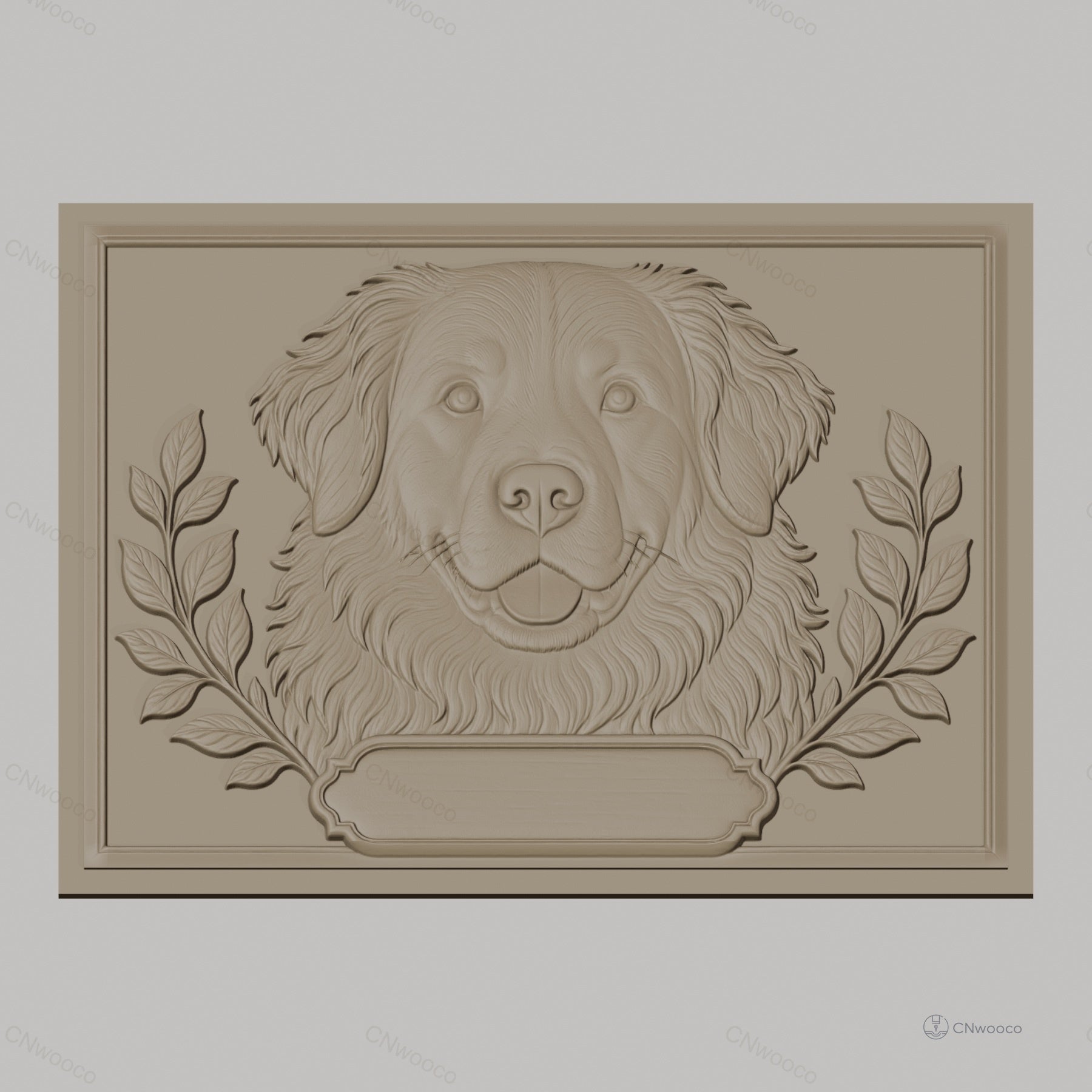 Fichier CNC & impression 3D chien Golden Retriever, visage détaillé avec feuillage, haute qualité relief STL