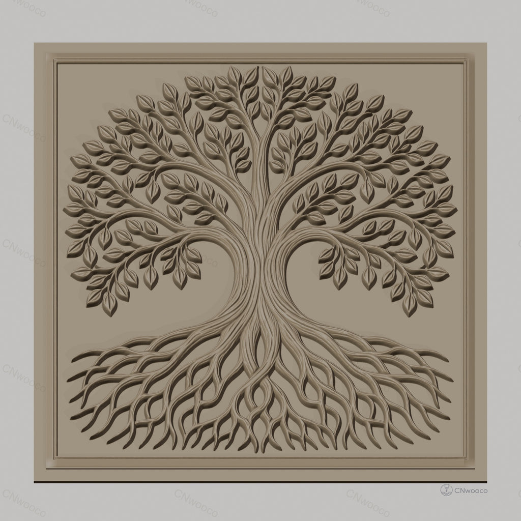 Fichier CNC & impression 3D arbre de vie avec feuilles et racines entrelacées haute qualité relief STL