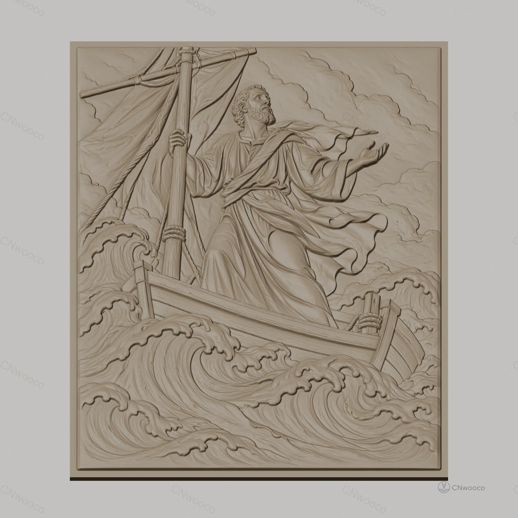 Fichier CNC & impression 3D Jésus marchant sur l'eau, bateau et vagues détaillés, haute qualité relief STL