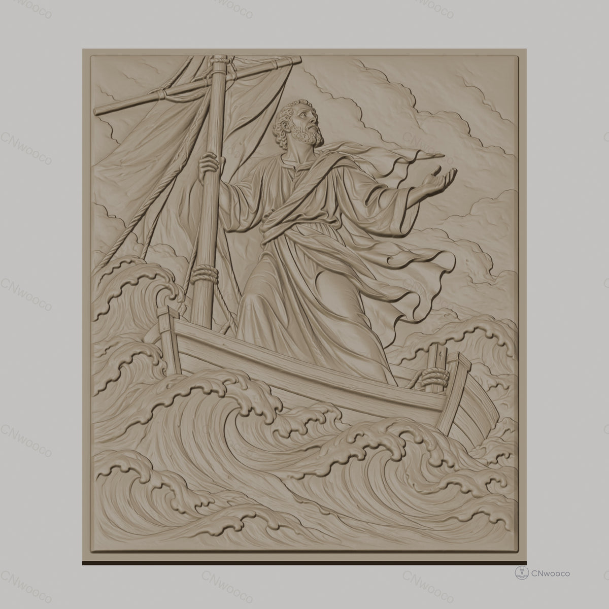 Fichier CNC & impression 3D Jésus marchant sur l'eau, bateau et vagues détaillés, haute qualité relief STL