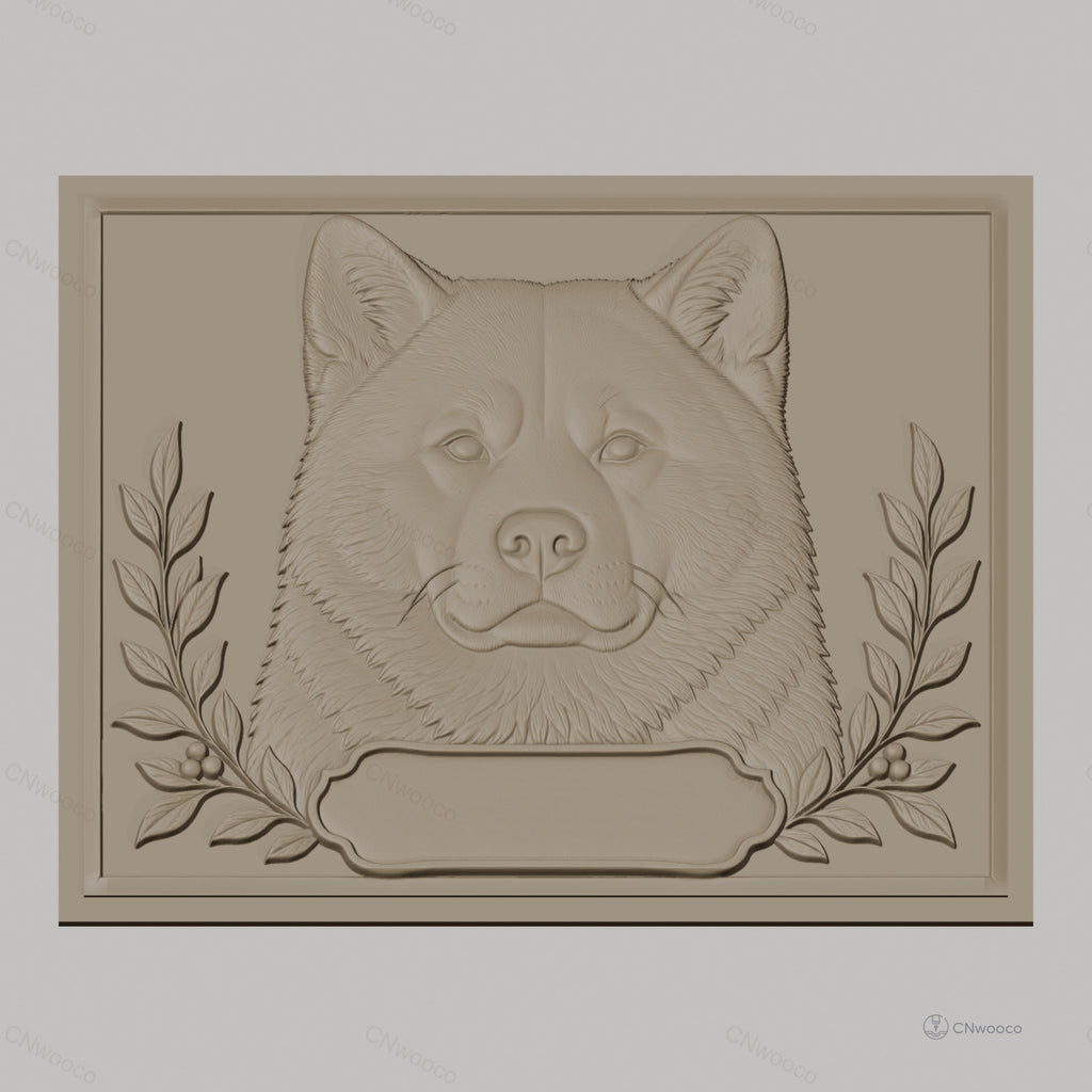 Fichier CNC & impression 3D chien Akita, tête en relief avec branche de feuilles, haute qualité relief STL
