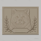 Fichier CNC & impression 3D chien Akita, tête en relief avec branche de feuilles, haute qualité relief STL