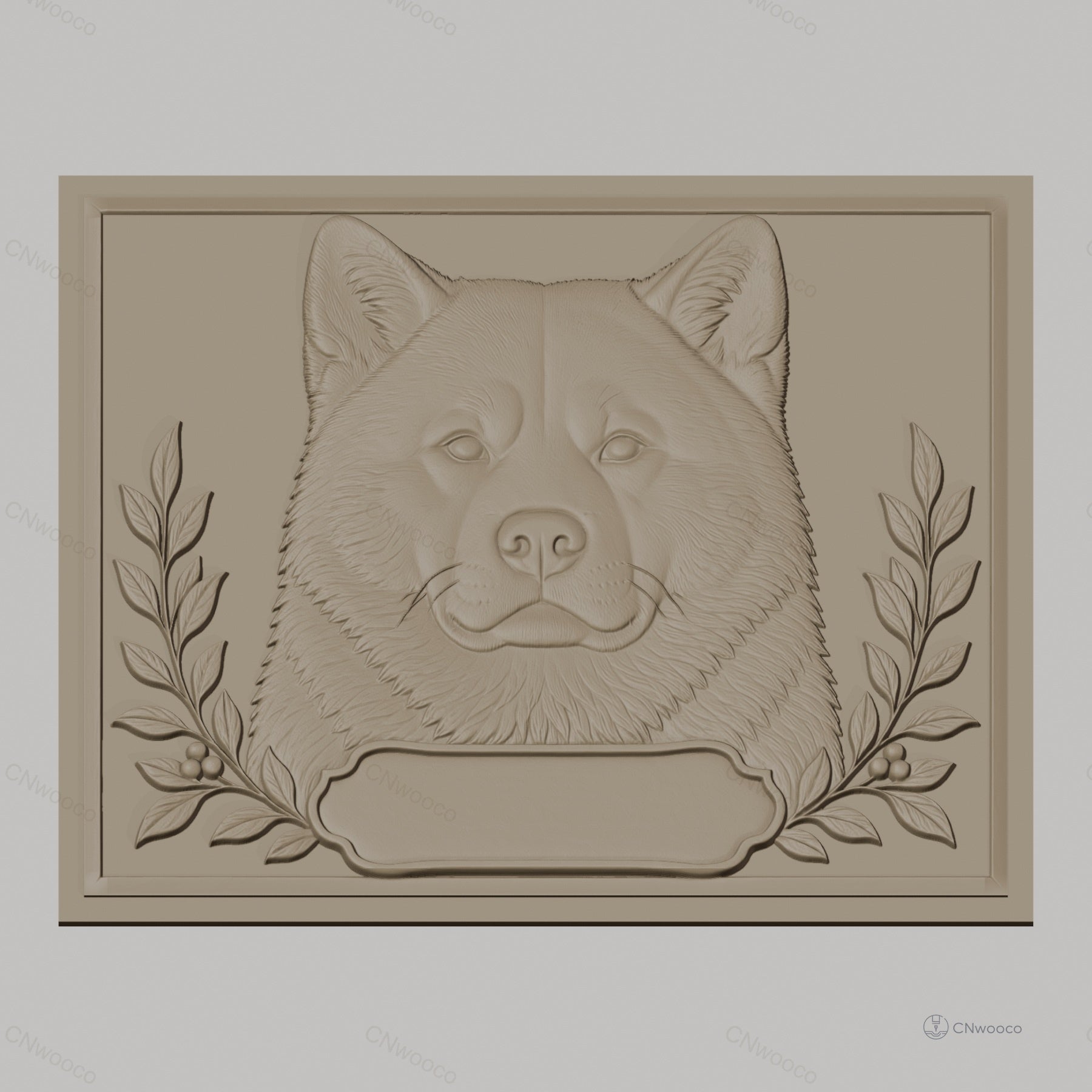 Fichier CNC & impression 3D chien Akita, tête en relief avec branche de feuilles, haute qualité relief STL