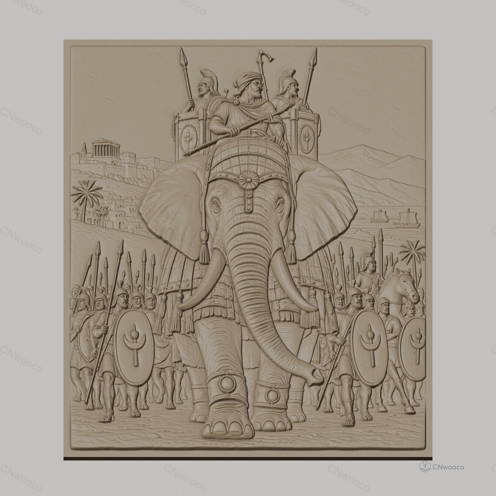 Fichier CNC & impression 3D armée antique avec éléphant de guerre, soldats et chevaux, haute qualité relief STL