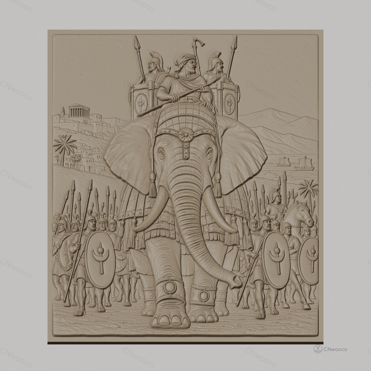 Fichier CNC & impression 3D armée antique avec éléphant de guerre, soldats et chevaux, haute qualité relief STL