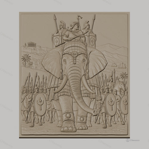 Fichier CNC & impression 3D armée antique avec éléphant de guerre, soldats et chevaux, haute qualité relief STL
