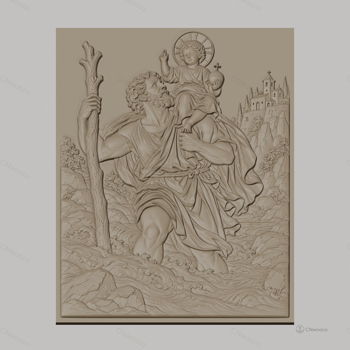 Fichier CNC & impression 3D Saint Christophe traversant rivière avec enfant, décor paysage, haute qualité relief STL