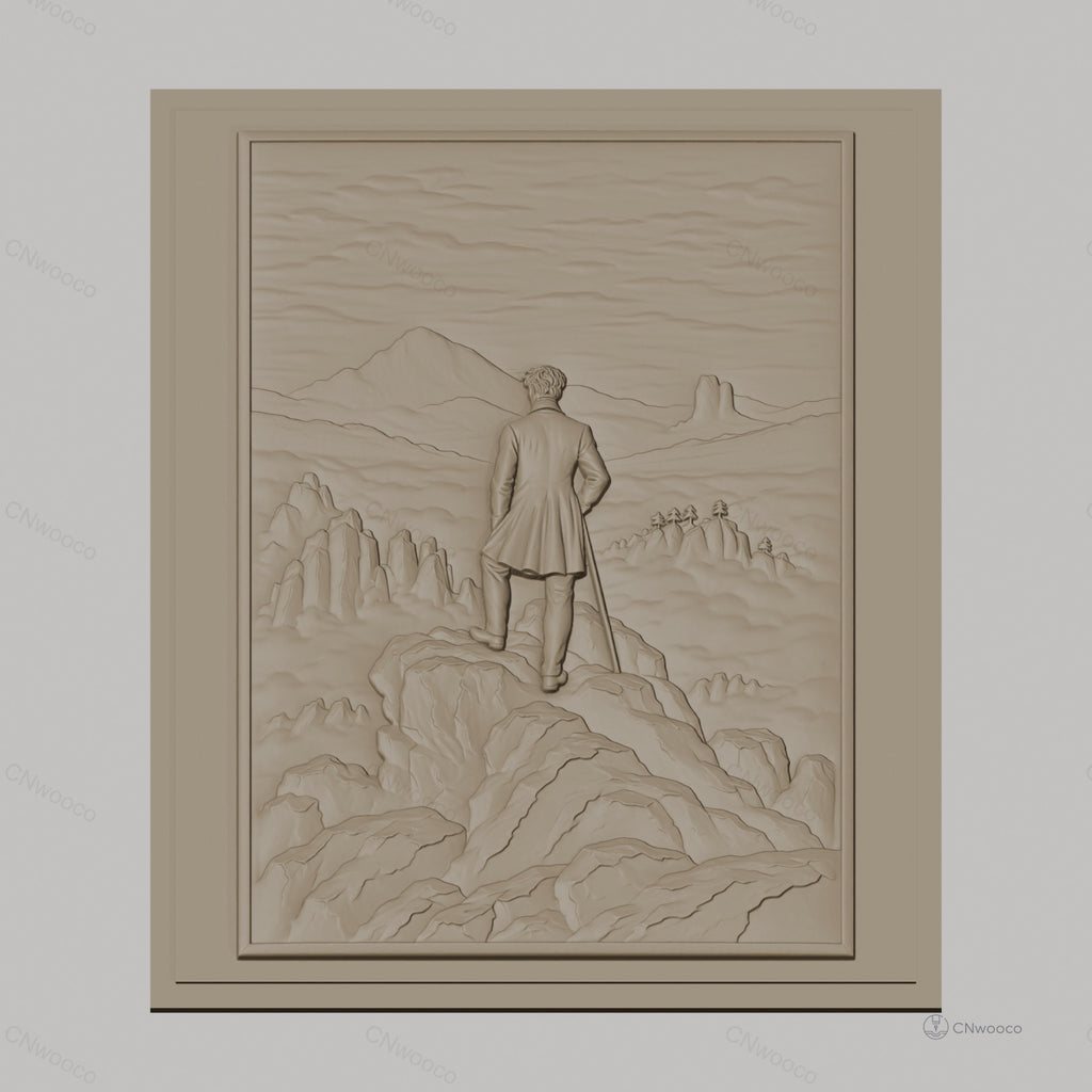 Fichier CNC & impression 3D homme en veste sur sommet de montagne, paysage de rochers et vallées, haute qualité relief STL