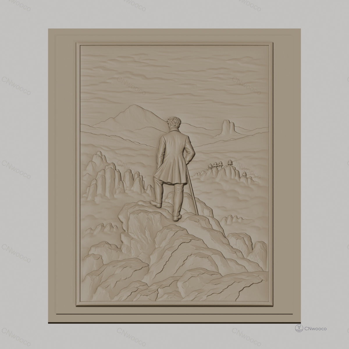 Fichier CNC & impression 3D homme en veste sur sommet de montagne, paysage de rochers et vallées, haute qualité relief STL