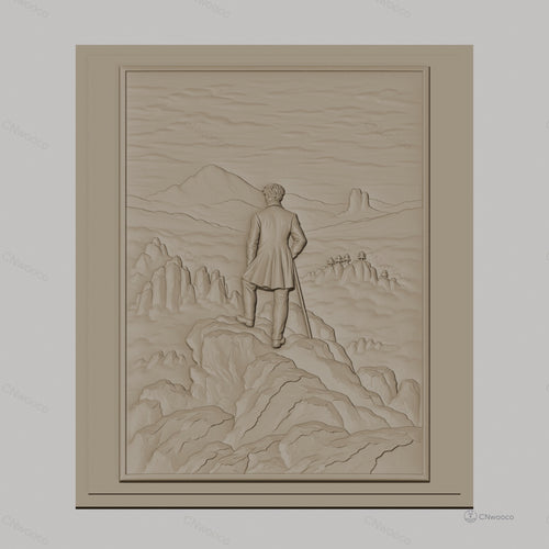 Fichier CNC & impression 3D homme en veste sur sommet de montagne, paysage de rochers et vallées, haute qualité relief STL
