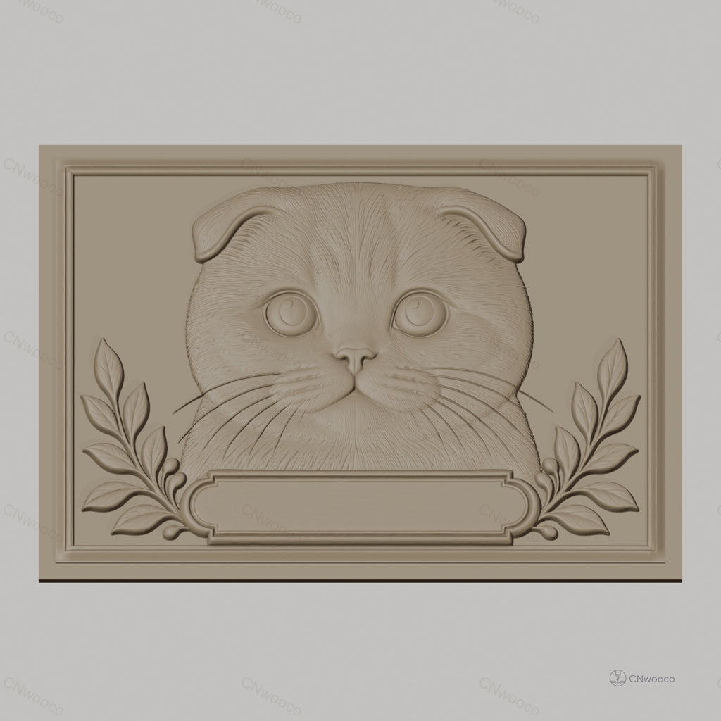 Fichier CNC & impression 3D chat Scottish Fold, visage mignon avec feuilles décoratives, haute qualité relief STL