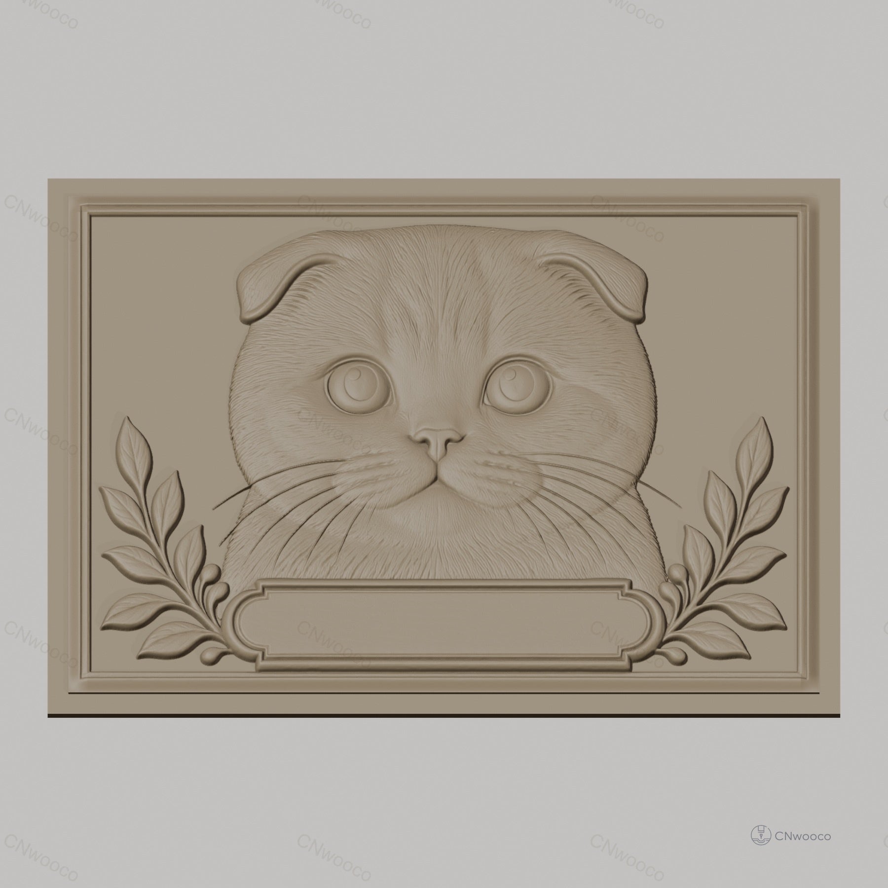Fichier CNC & impression 3D chat Scottish Fold, visage mignon avec feuilles décoratives, haute qualité relief STL