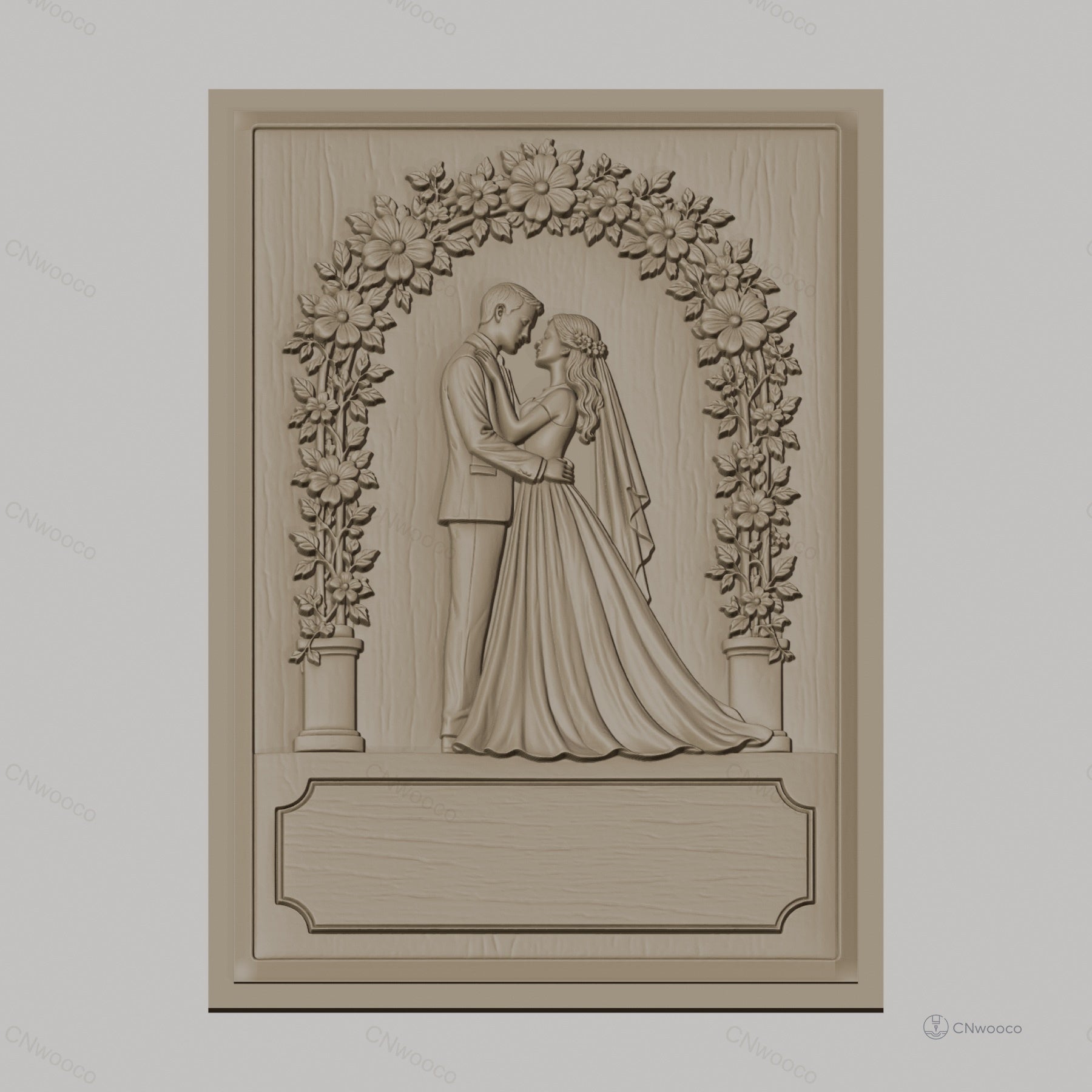 Fichier CNC & impression 3D thème mariage, couple marié sous arche fleurie, haute qualité relief STL