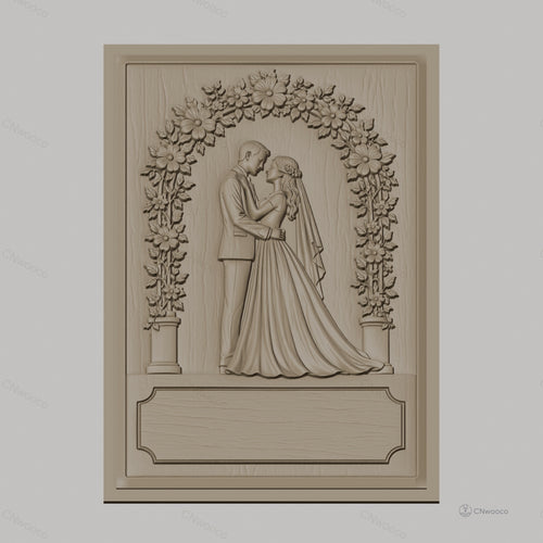 Fichier CNC & impression 3D thème mariage, couple marié sous arche fleurie, haute qualité relief STL