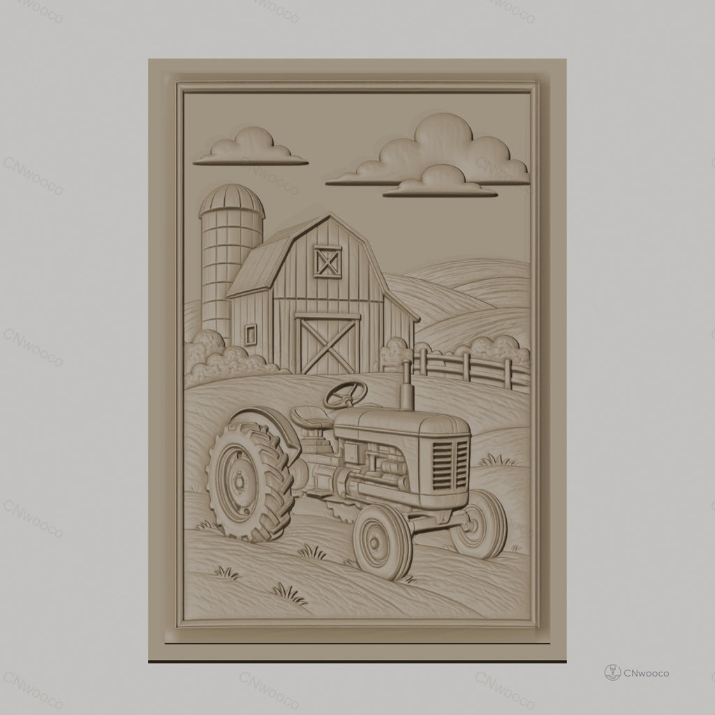 Fichier CNC & impression 3D ferme avec tracteur et grange, paysage champêtre, haute qualité relief STL