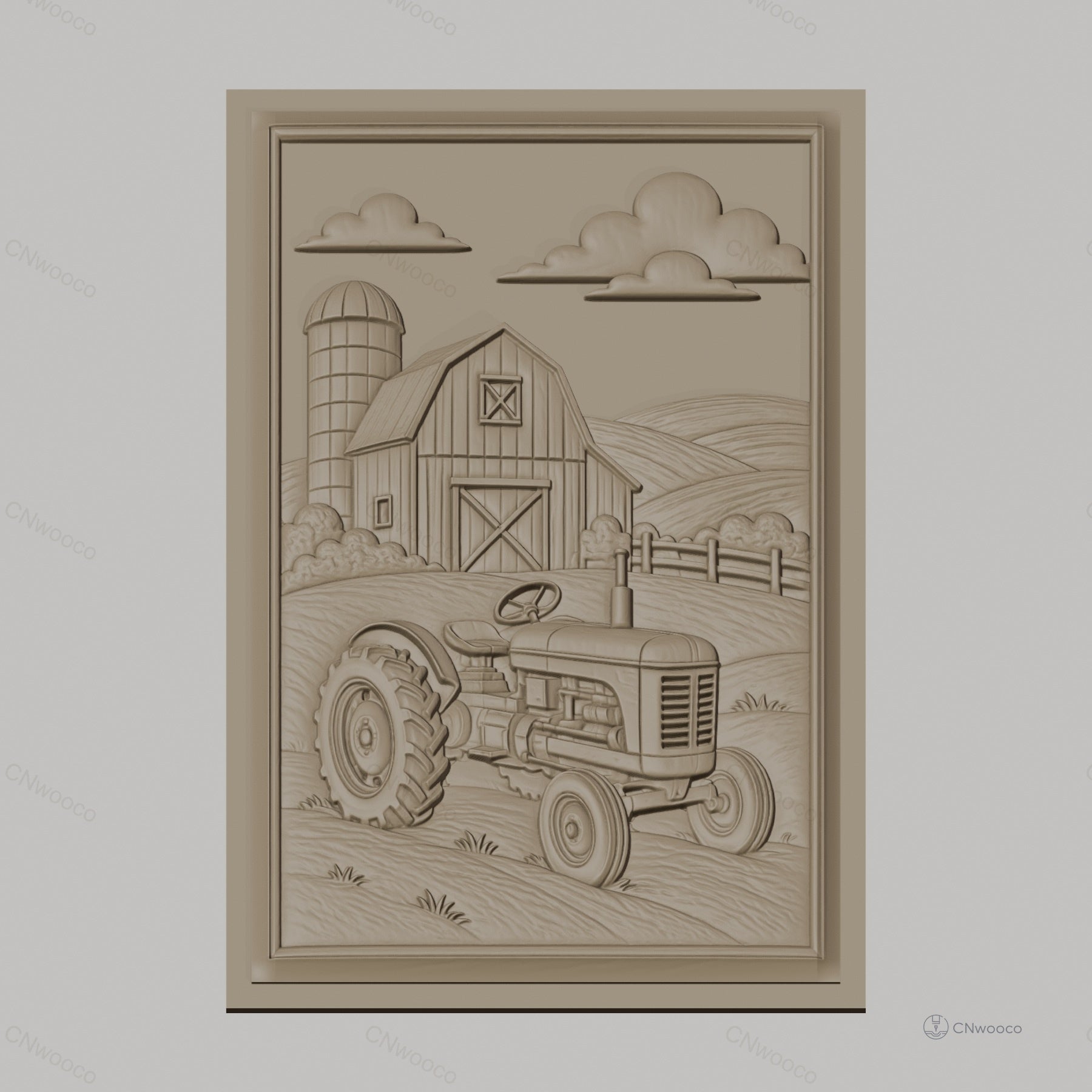 Fichier CNC & impression 3D ferme avec tracteur et grange, paysage champêtre, haute qualité relief STL
