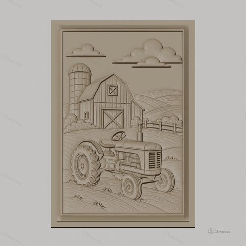 Fichier CNC & impression 3D ferme avec tracteur et grange, paysage champêtre, haute qualité relief STL