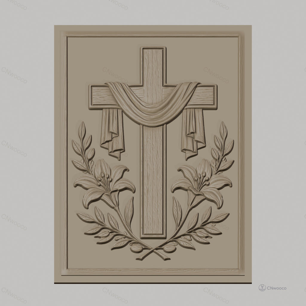 Fichier CNC & impression 3D Croix religieuse avec fleurs et drapé, haute qualité relief STL