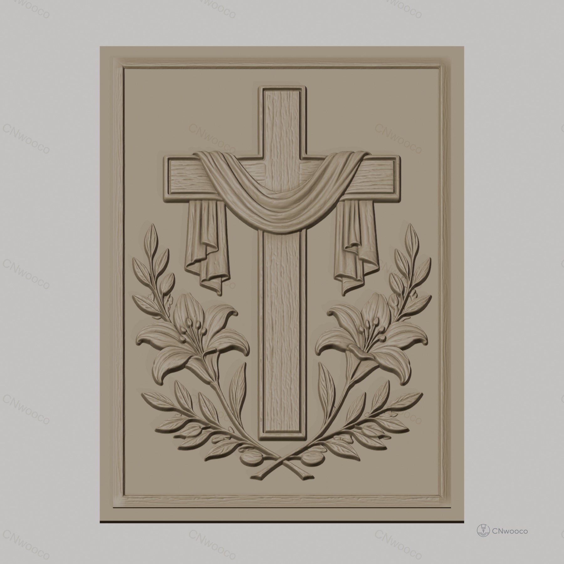 Fichier CNC & impression 3D Croix religieuse avec fleurs et drapé, haute qualité relief STL