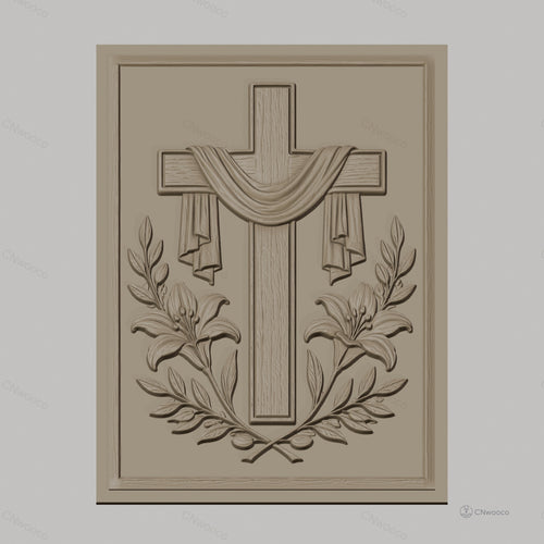 Fichier CNC & impression 3D Croix religieuse avec fleurs et drapé, haute qualité relief STL
